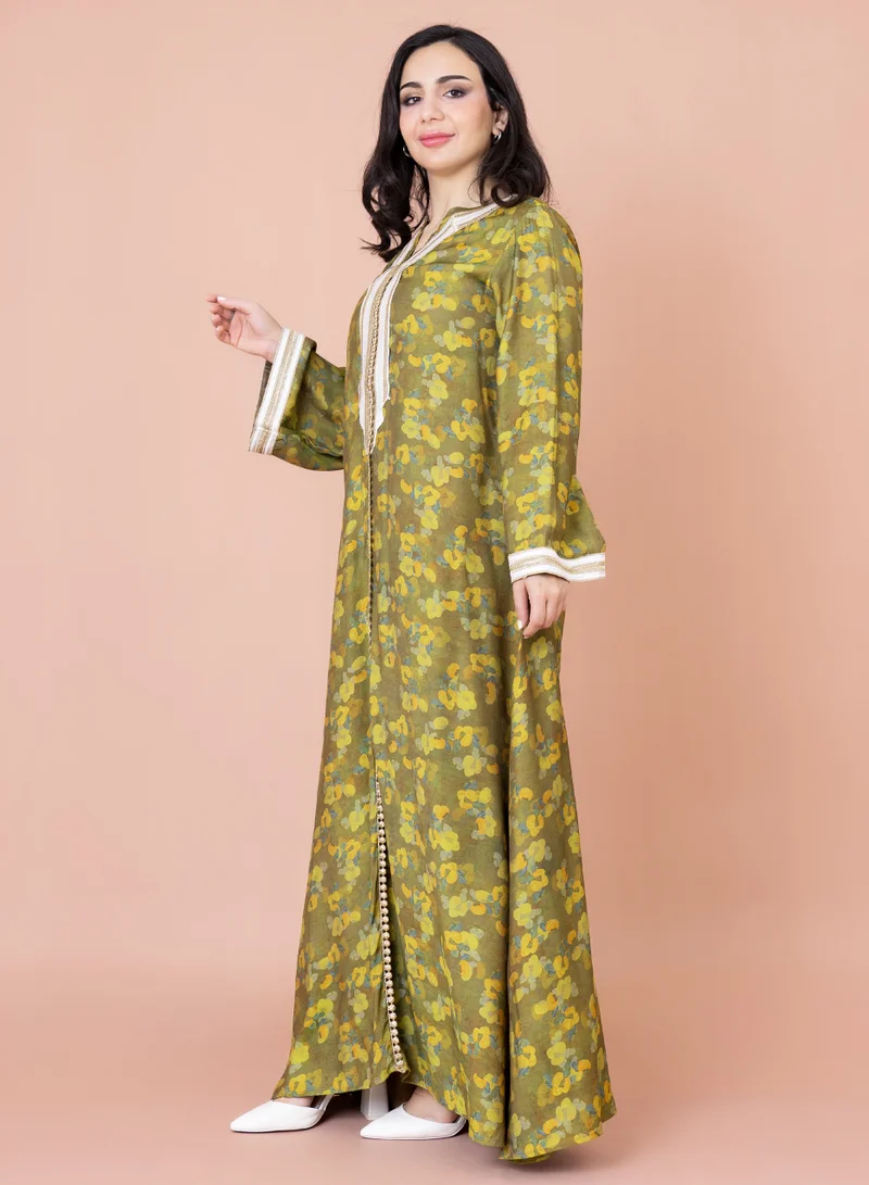 IKKXA Embroidered Floral Print Jalabiya IK1028 Green