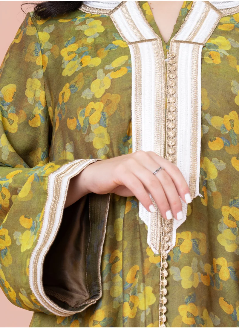 IKKXA Embroidered Floral Print Jalabiya IK1028 Green