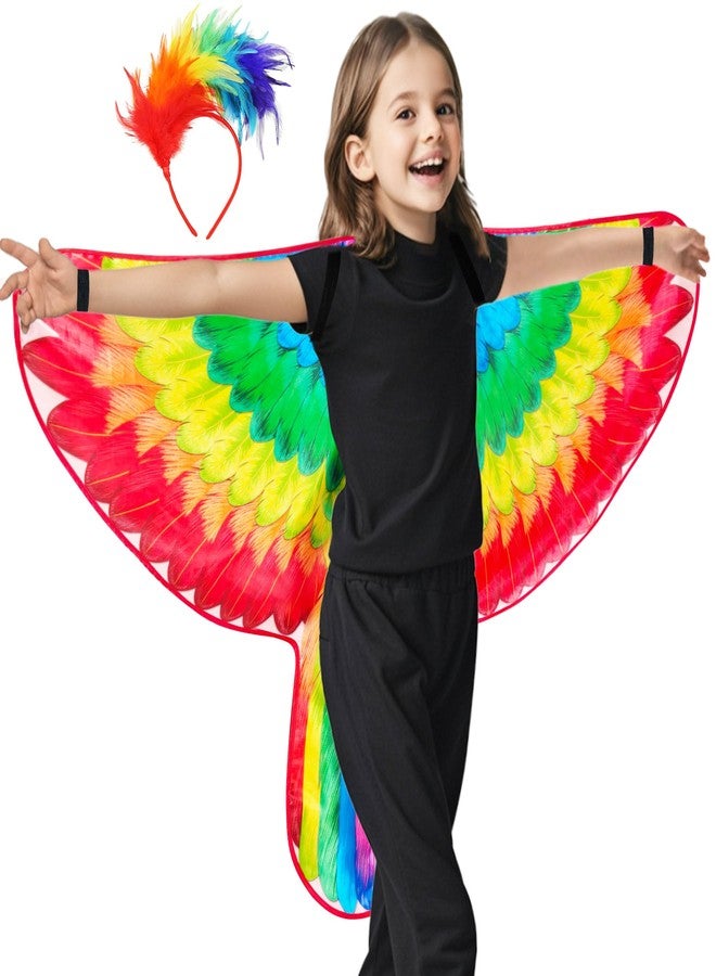 D.Q.Z Double-Sided Bird Wings Parrot Costume for Kids Dress Up Clothes Feather Headband, Toddlers Animal Role Play Halloween (Rainbow) - Image 1