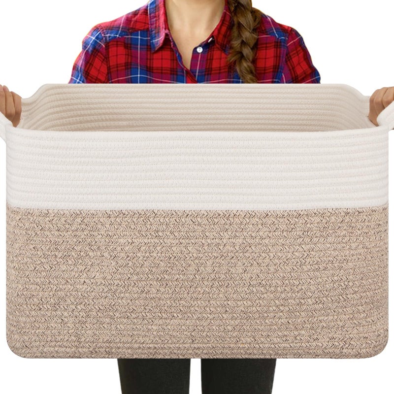 OIASKET Blanket Basket for Living Room Cotton Rope Basket for Storage Toy Baskets Bin for kids Woven Baskets with Handles for Clothes Towels Pillows 20 x 16 x 12 Brown and White