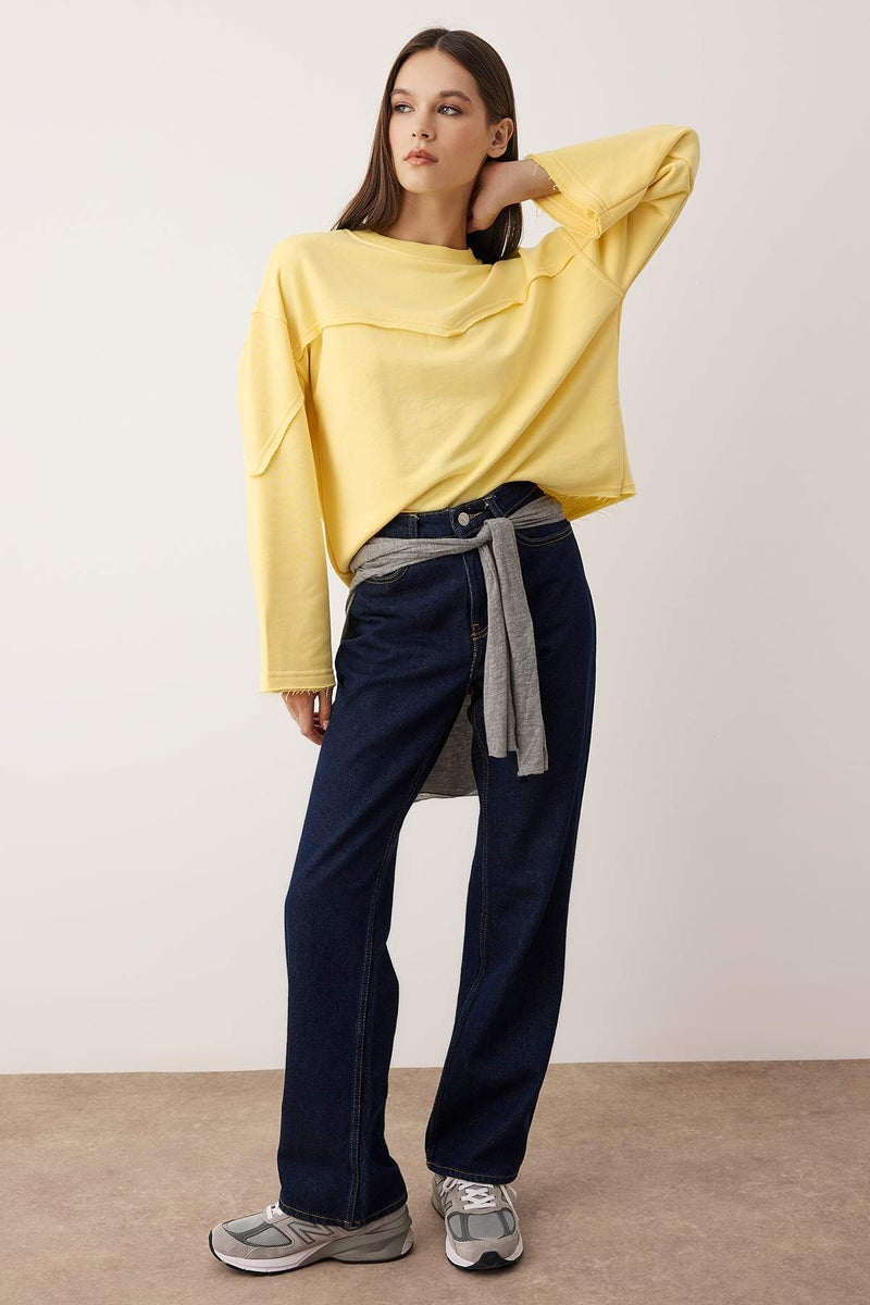trendyol Light Yellow Thick Without Embroidery Spanish Sleeve Stitch Detail Relaxed Knitted Sweatshirt - Image 2