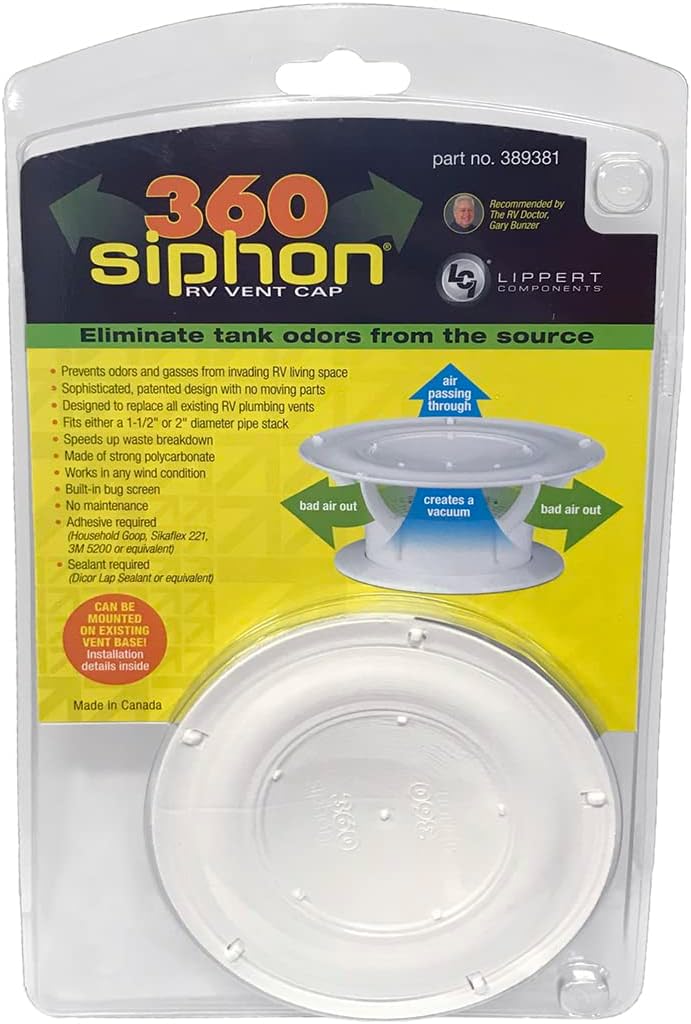 Lippert Components Lippert 360 Siphon RV Roof Vent Cap for Odor Prevention with Universal Fit, Built-In Bug Screen, White Polycarbonate - 389381 (Pack of 2) - Image 3