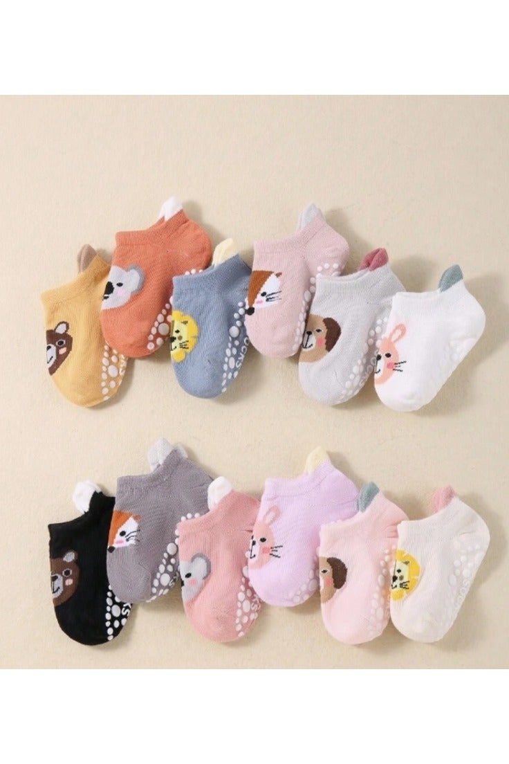12-Pack Kids Cartoon Ankle Socks with Non-Slip Silicone - Cotton Rich Blend, Knit Fabric, All-Season Comfort for Kids, Assorted Designs - Machine Washable (1 - 3y) - Image 1