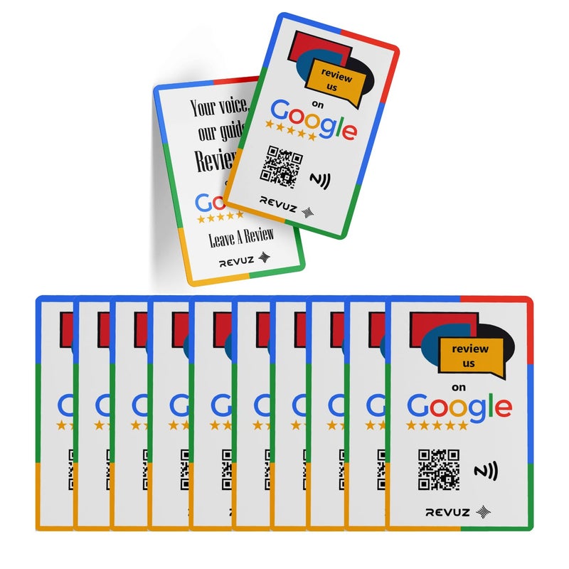 REVUZ بطاقة مراجعة جوجل - مزودة بشريحة NFC ورمز QR، تفعيل فوري مع رابط صفحة عملك، انقر أو امسح للوصول (85.6 مم × 54 مم، أبيض، 10) - Image 1