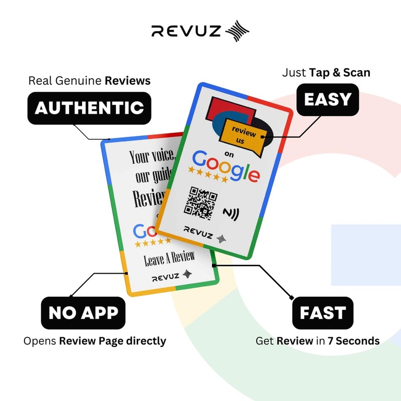 REVUZ بطاقة مراجعة جوجل - مزودة بشريحة NFC ورمز QR، تفعيل فوري مع رابط صفحة عملك، انقر أو امسح للوصول (85.6 مم × 54 مم، أبيض، 10) - Image 3