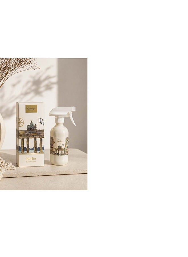 KAMAYA Skyline collection Room Spray with Berlin skyline on the white glass jar with gold lid. Fragrance Sakura jasmine | 200 ml room spray| Perfect for gifting .Beautiful box with gift card inside - Image 1