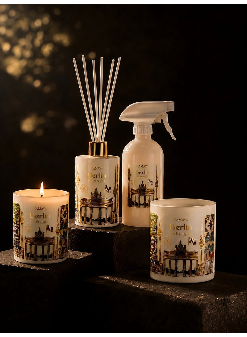 KAMAYA Skyline collection Room Spray with Berlin skyline on the white glass jar with gold lid. Fragrance Sakura jasmine | 200 ml room spray| Perfect for gifting .Beautiful box with gift card inside - Image 2