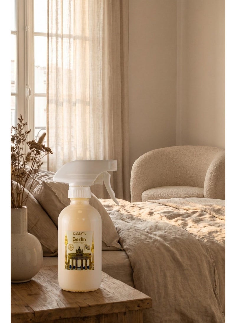 KAMAYA Skyline collection Room Spray with Berlin skyline on the white glass jar with gold lid. Fragrance Sakura jasmine | 200 ml room spray| Perfect for gifting .Beautiful box with gift card inside - Image 1