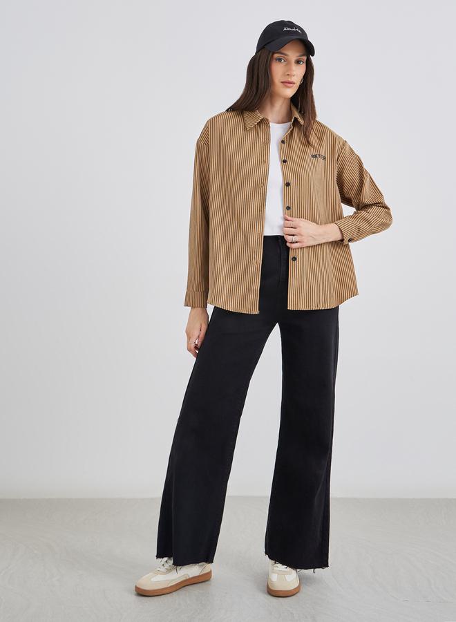 Styli Women Brown Contrast Button Striped Oversized Shirt - Image 2