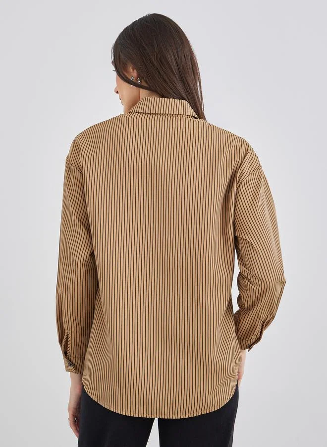 Styli Styli Women Brown Contrast Button Striped Oversized Shirt