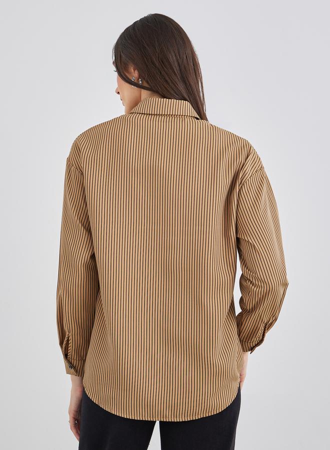 Styli Women Brown Contrast Button Striped Oversized Shirt - Image 5