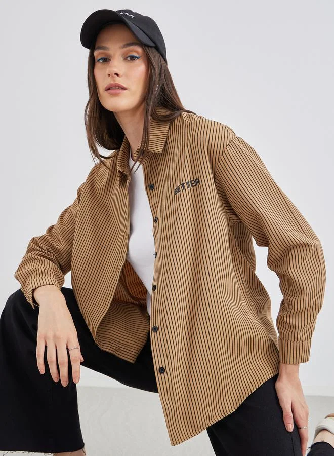 ستايلي Styli Women Brown Contrast Button Striped Oversized Shirt