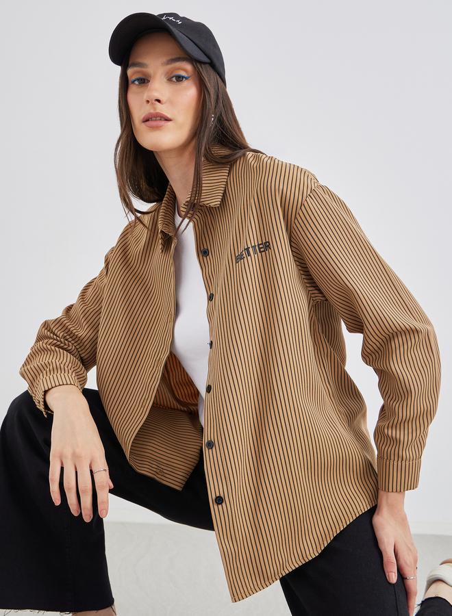 Styli Women Brown Contrast Button Striped Oversized Shirt - Image 1