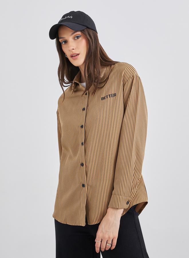 Styli Women Brown Contrast Button Striped Oversized Shirt - Image 3