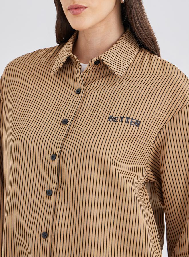 Styli Women Brown Contrast Button Striped Oversized Shirt - Image 4