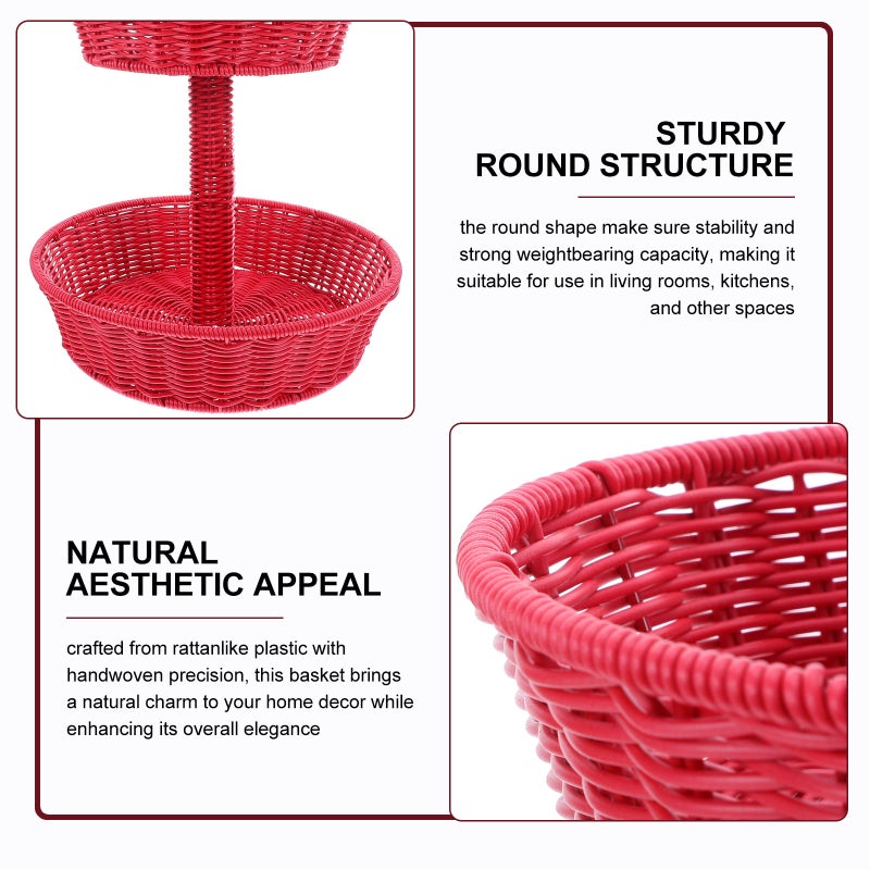 Handwoven Strawberry Shaped Storage Basket Round Double Layer Hand Woven Fruit Organizer for Fruit Vegetable Snack Tabletop Decoration - Image 2