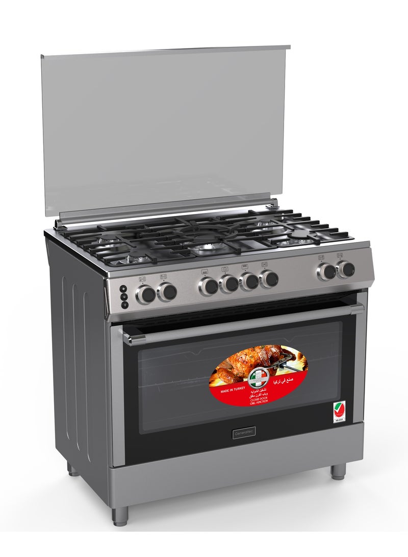 Generaltec 90x60cm Gas Cooking Range 5 Burners, Wok Burner, Convection Fan Oven, Auto Ignition, Full Safety, Oven Light, Closed Door Grill, Double Glass Door | Assembled in Turkey with Italian Parts | Model GCTR98DGL | 1 Year Warranty 5 GCTR98DGL Silver - Image 2