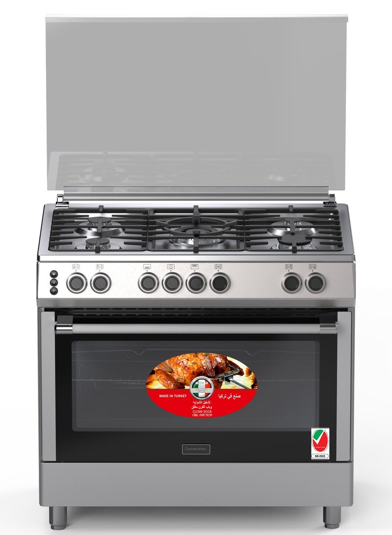 Generaltec 90x60cm Gas Cooking Range 5 Burners, Wok Burner, Convection Fan Oven, Auto Ignition, Full Safety, Oven Light, Closed Door Grill, Double Glass Door | Assembled in Turkey with Italian Parts | Model GCTR98DGL | 1 Year Warranty 5 GCTR98DGL Silver - Image 1