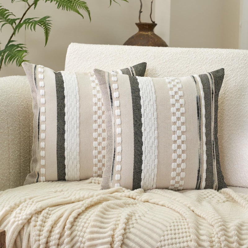 Aeckself Boho Throw Pillow Covers 18x18 Inch Set of 2, Farmhouse Decorative Striped Square Pillow Covers Chenille Tufted Pillow Cases Accent Neutral Pillowcase for Living Room Couch Bed, Gray - Image 1