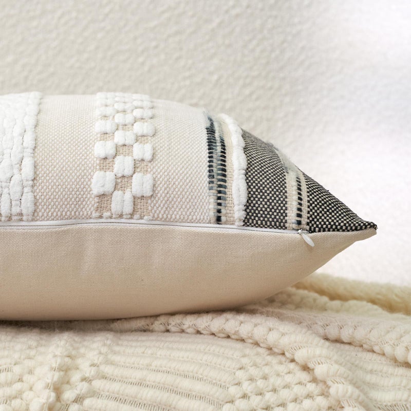 Aeckself Boho Throw Pillow Covers 18x18 Inch Set of 2, Farmhouse Decorative Striped Square Pillow Covers Chenille Tufted Pillow Cases Accent Neutral Pillowcase for Living Room Couch Bed, Gray - Image 2