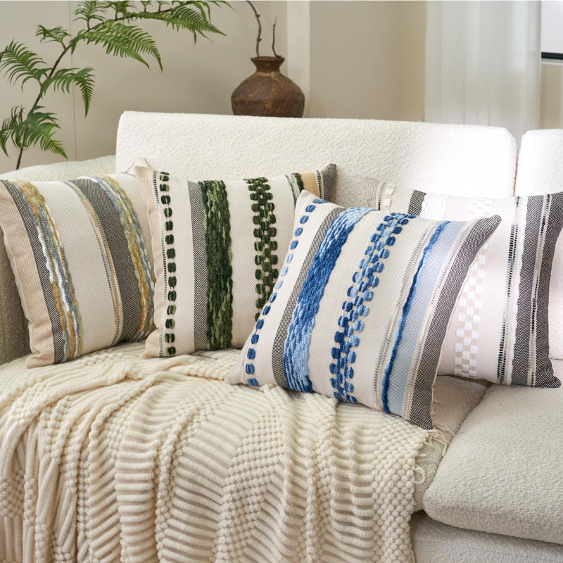 Aeckself Boho Throw Pillow Covers 18x18 Inch Set of 2, Farmhouse Decorative Striped Square Pillow Covers Chenille Tufted Pillow Cases Accent Neutral Pillowcase for Living Room Couch Bed, Gray - Image 4