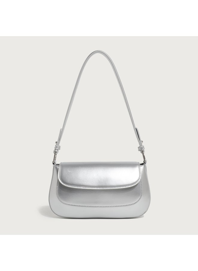 2024 Niche Design High-end Saddle Bag All-match Fashion Baguette Women's Bag Shoulder Bag Commuter Underarm Bag-Color:Silver - Image 1