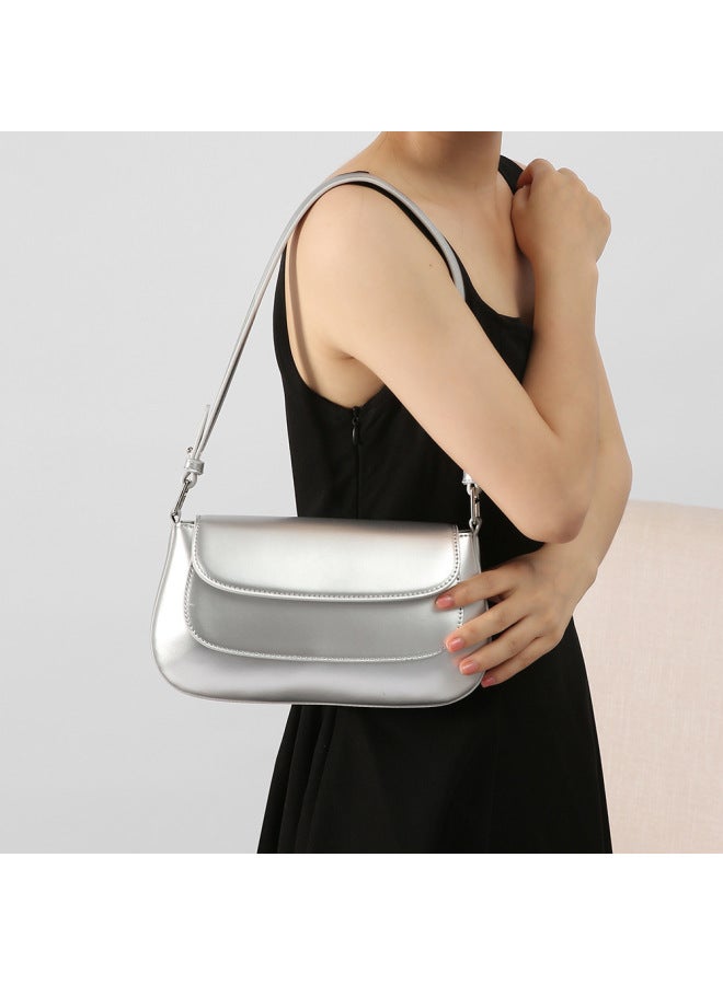 2024 Niche Design High-end Saddle Bag All-match Fashion Baguette Women's Bag Shoulder Bag Commuter Underarm Bag-Color:Silver - Image 2