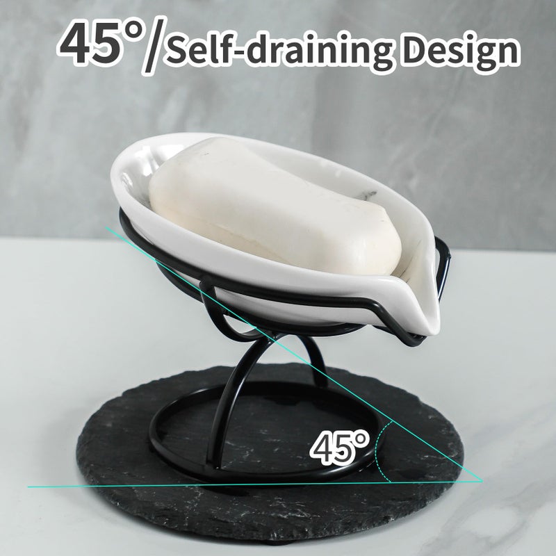 Dobbyby Leaf-Shaped Soap Dish â€“ Premium Ceramic Soap Bar Holder with Self-Drainage System â€“ Bar Soap Holder for Shower, Bathroom Sink, Kitchen â€“ Waterfall Soap Dish with Stainless Steel Stand (Black) - Image 2