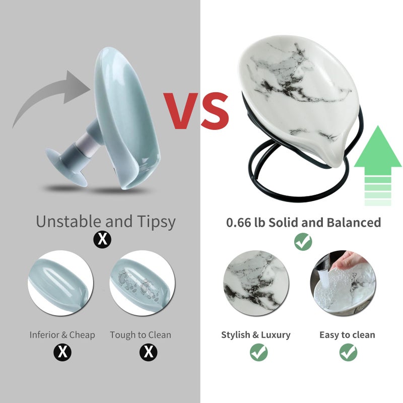 Dobbyby Leaf-Shaped Soap Dish â€“ Premium Ceramic Soap Bar Holder with Self-Drainage System â€“ Bar Soap Holder for Shower, Bathroom Sink, Kitchen â€“ Waterfall Soap Dish with Stainless Steel Stand (Black) - Image 3