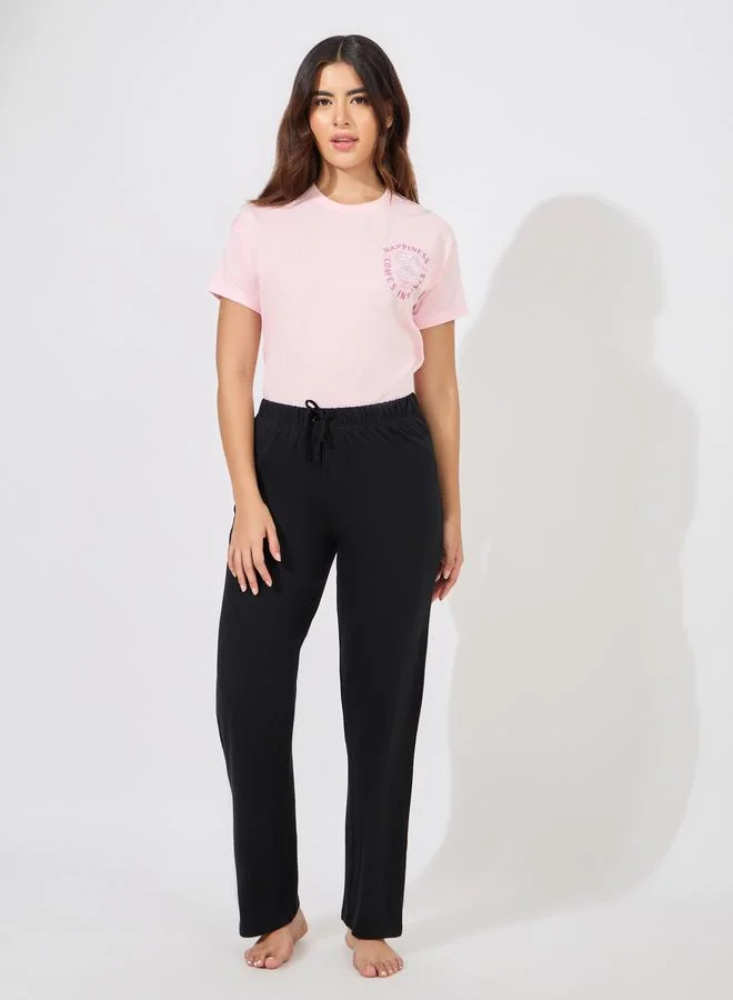 ستايلي Styli Happiness Graphic Drop Shoulder T-Shirt and Straight Pyjama Set