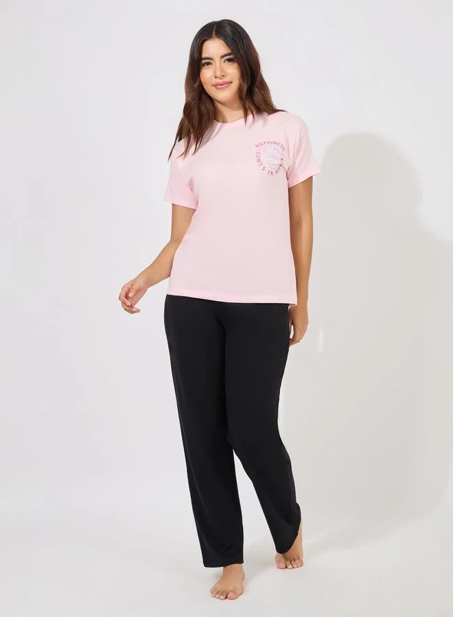 ستايلي Styli Happiness Graphic Drop Shoulder T-Shirt and Straight Pyjama Set