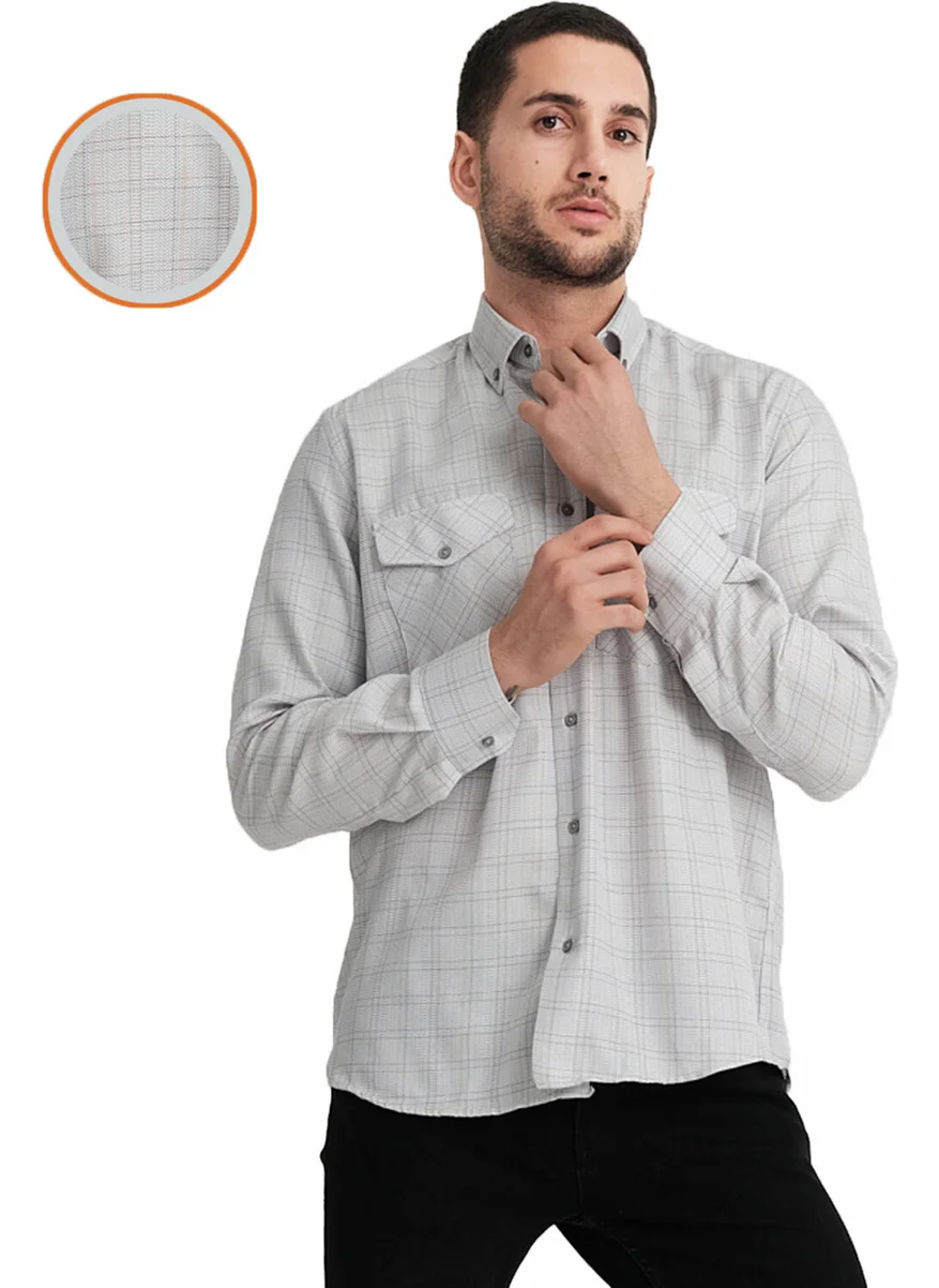 فاريتا Men's Gray Flap Double Pocket Long Sleeve Checked Linen Effect Shirt