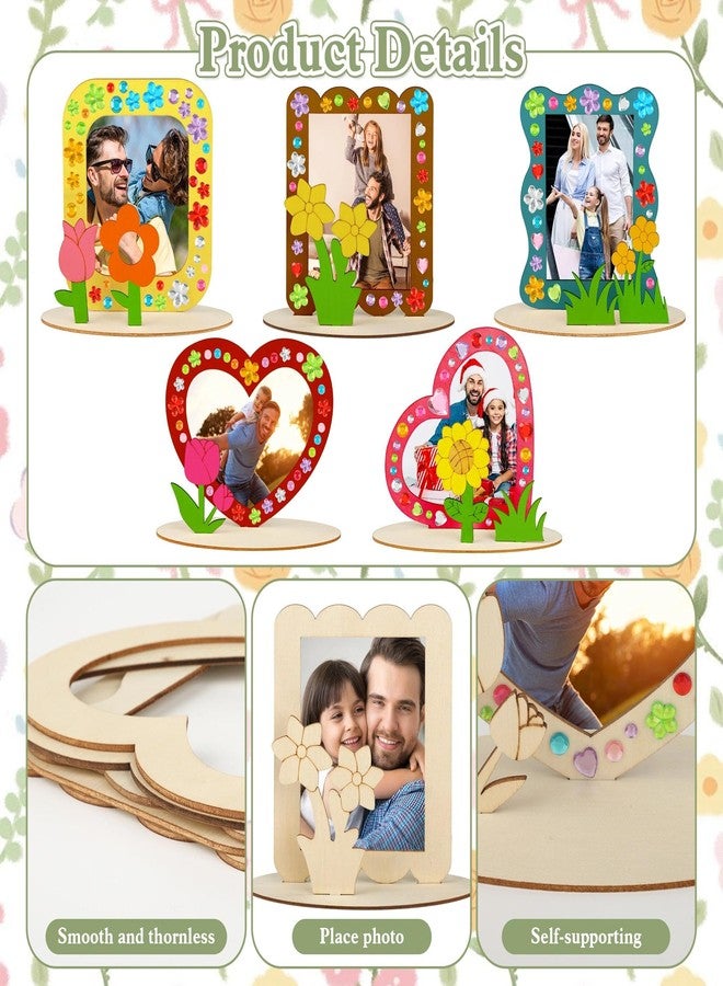 J6&H6 30 Pcs DIY Wooden Picture Frames for Crafts, 5 Different Design Styles with 2 Colorful Gem Stickers for Class Activitie Handmade Gifts DIY Painting Birthday Gifts(Flower Photo Frame) - Image 5