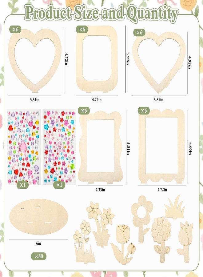 J6&H6 30 Pcs DIY Wooden Picture Frames for Crafts, 5 Different Design Styles with 2 Colorful Gem Stickers for Class Activitie Handmade Gifts DIY Painting Birthday Gifts(Flower Photo Frame) - Image 3