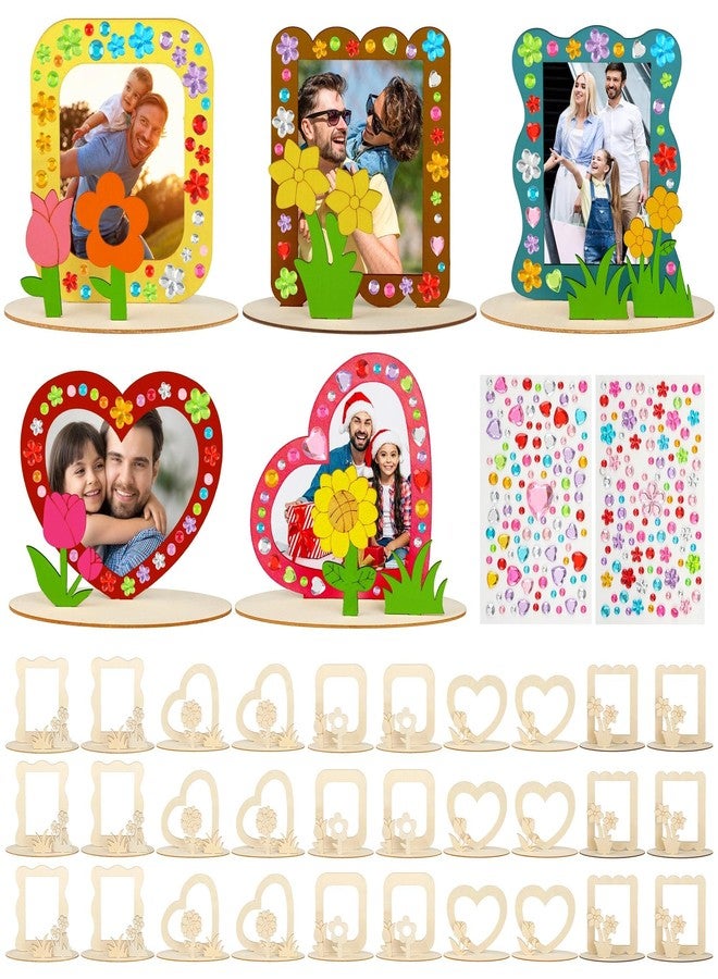 J6&H6 30 Pcs DIY Wooden Picture Frames for Crafts, 5 Different Design Styles with 2 Colorful Gem Stickers for Class Activitie Handmade Gifts DIY Painting Birthday Gifts(Flower Photo Frame) - Image 1