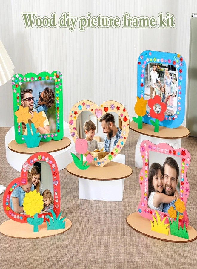 J6&H6 30 Pcs DIY Wooden Picture Frames for Crafts, 5 Different Design Styles with 2 Colorful Gem Stickers for Class Activitie Handmade Gifts DIY Painting Birthday Gifts(Flower Photo Frame) - Image 2