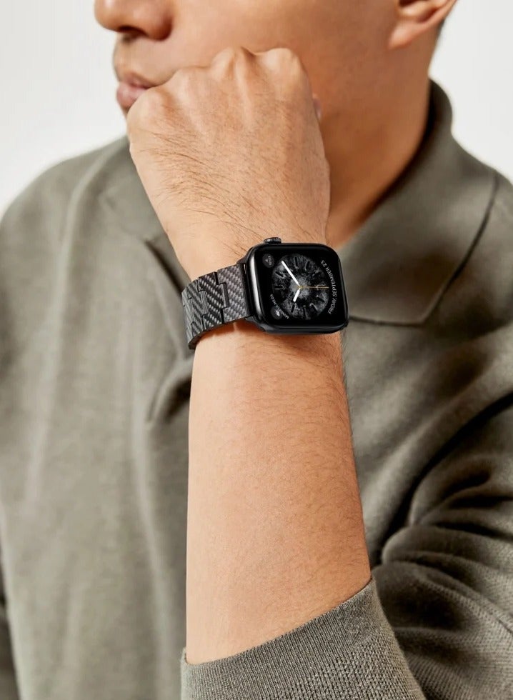 بيتاكا سوار سوار من ألياف الكربون / تصميم بسيط / متوافق مع ساعة آبل / مقاس قابل للتخصيص / خفيف الوزن ومريح - نسيج قطني طويل أسود/ رمادي - Image 4