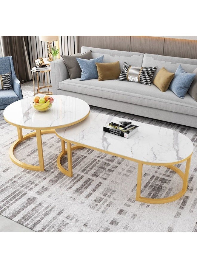 Nesting Coffee Table Set of 2 featuring a white faux marble top and a gold metal frame - Image 1