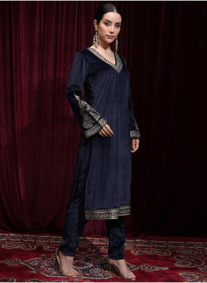 Vishudh - Women Blue Embroidered Velvet Kurta Set by Styli - Image 1