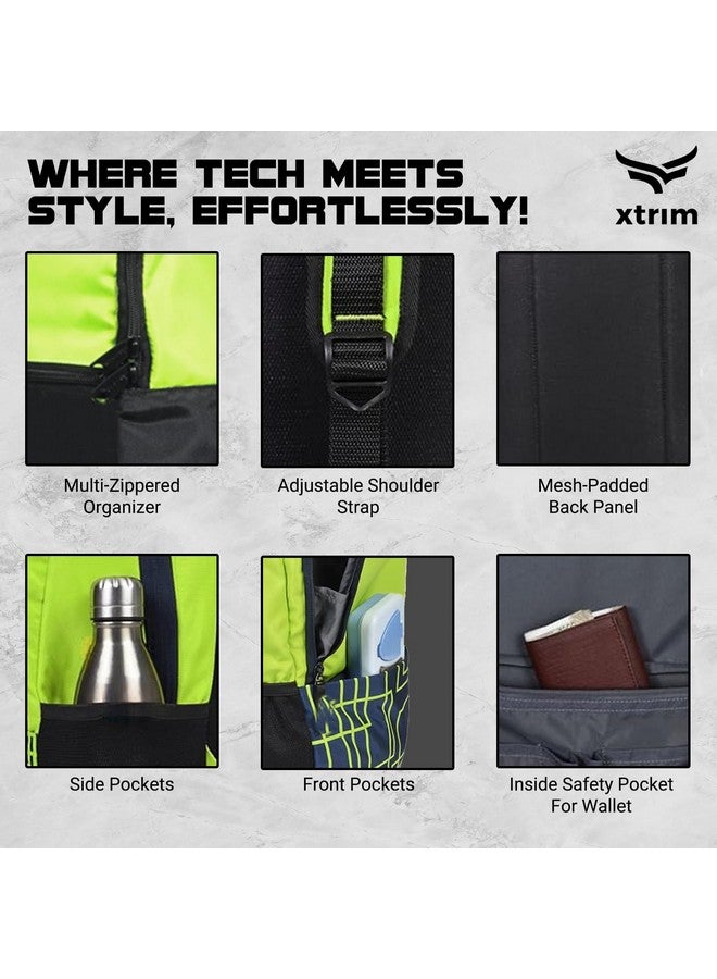 XTRIM 21 litres Backpack for Men & Women, Backpack for Boys & Girls, Water-Resistant, Quick Access Pockets, School Bag for Boys, Travel Bag for Men, (11‚Äù x 7.5‚Äù x 19.5‚Äù, Black & Neon Green) - Image 3