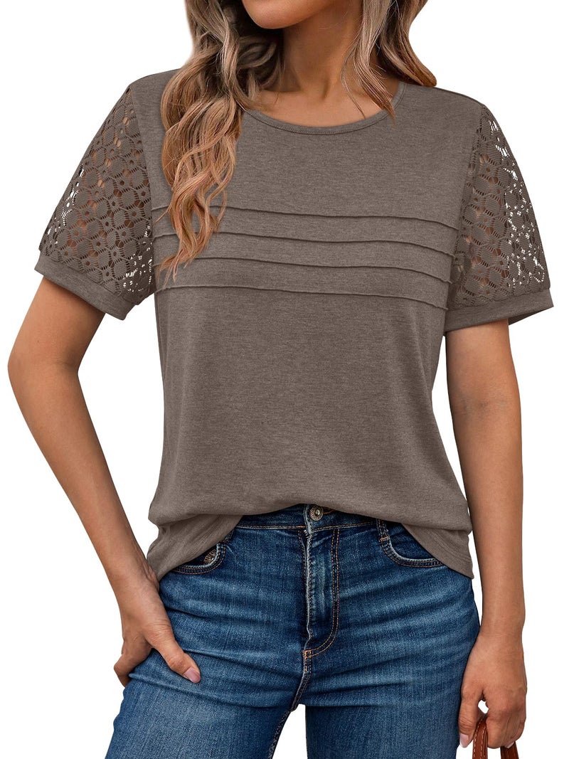 AUTOMET Short Sleeve Shirts for Women Summer Tops 2026 Spring Fashion Dressy Casual Outfits Lace Trendy Top Cute Work T Shirt Business Vacation Clothes Blouses Coffee Grey XL - Image 1