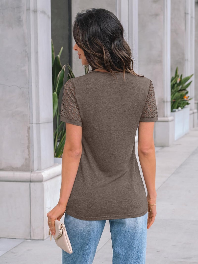 AUTOMET Short Sleeve Shirts for Women Summer Tops 2026 Spring Fashion Dressy Casual Outfits Lace Trendy Top Cute Work T Shirt Business Vacation Clothes Blouses Coffee Grey XL - Image 4