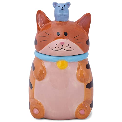 100 North Dolomite Ceramic 10 x 6.3 Everyday Cookie & Candy Jar with Airtight Lid: Perfect for Kitchen Canisters, Pet Treat Containers & Decorative Storage, Orange Tabby Striped Cat and Mouse - Image 1