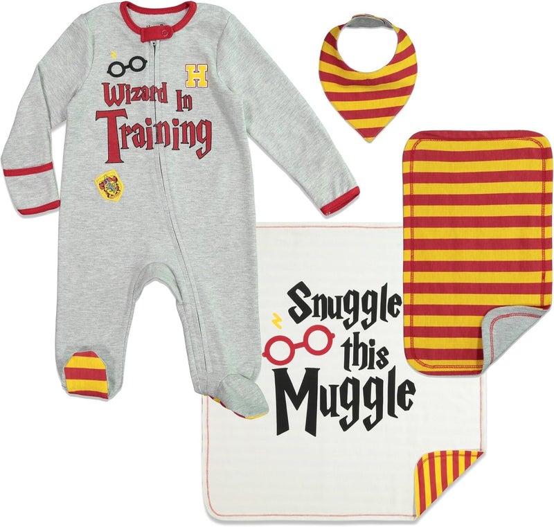 Harry Potter Baby Zip Up Sleep N' Play Coverall Headband Burp Cloth and Blanket 4 Piece Outfit Set Newborn - Image 1