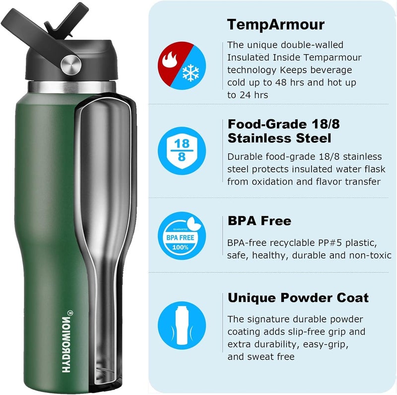 HYDROWION 40 oz Insulated Water Bottle with Straw fit in Car Cup Holder(Cold 48 hrs, Hot 24 hrs) Drinking Bottle with Straw Lid, Spout Lid and Flex Cap Leakproof Travel Thermo Mugï¼ŒOlive - Image 2