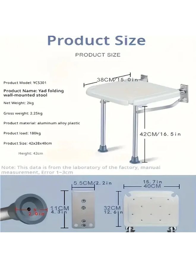 White Folding Shower Seat For Disabled Seniors Adults Nonslip Wall Mounted Compact Height Adjustable Accessibility - Image 5