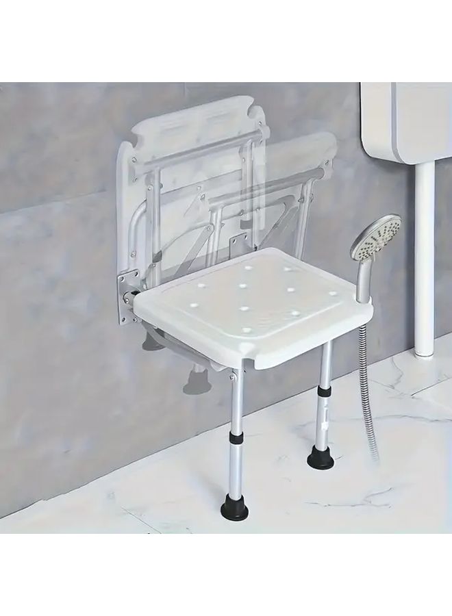 White Folding Shower Seat For Disabled Seniors Adults Nonslip Wall Mounted Compact Height Adjustable Accessibility - Image 1