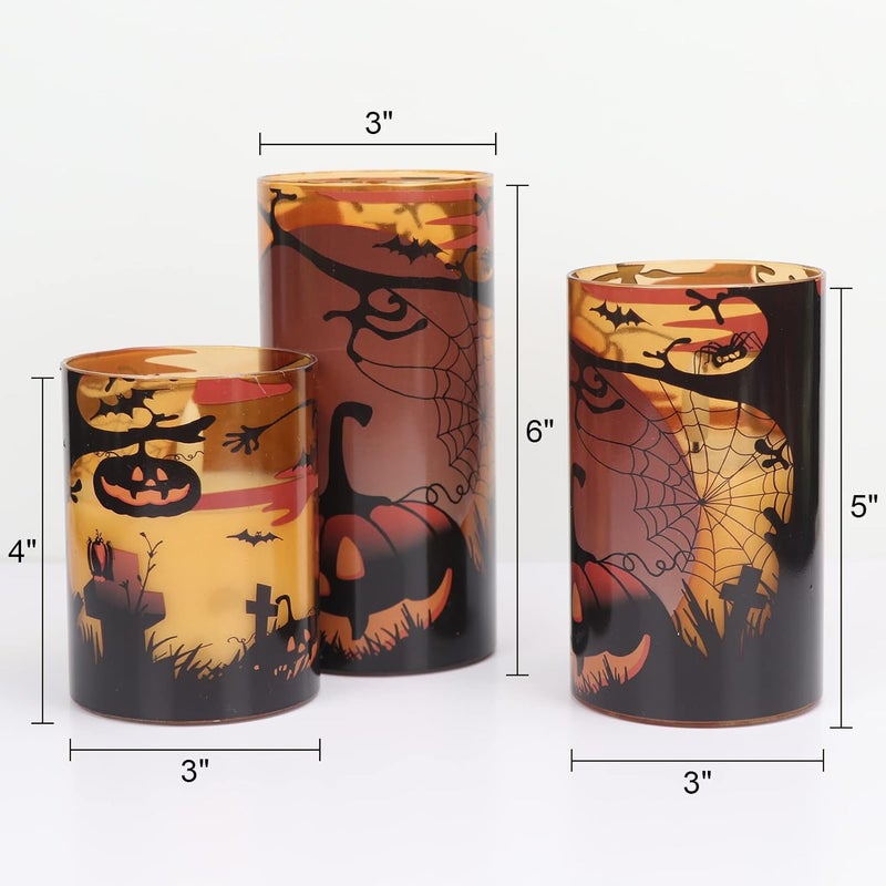 Eldnacele Halloween Flameless Candles with Remote Pumpkin, Spider Web Decal and Castle Decals Battery Operated Real Wax Flickering Glass Pillar Candle for Spooky Halloween Decor 3 Pack - Image 2