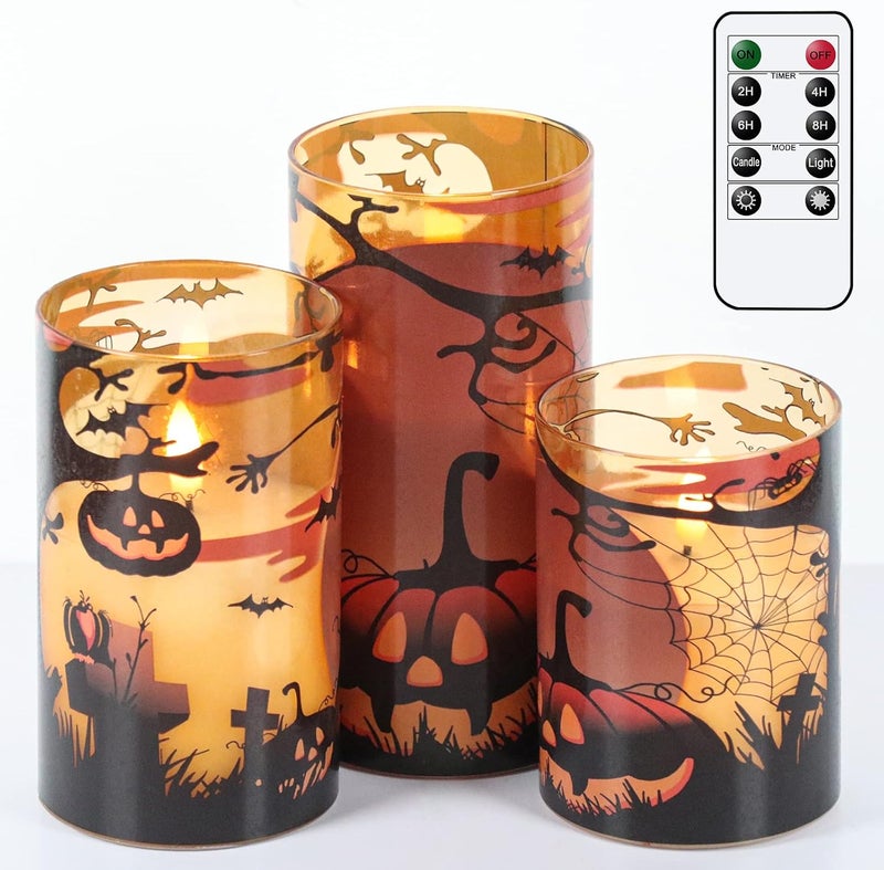 Eldnacele Halloween Flameless Candles with Remote Pumpkin, Spider Web Decal and Castle Decals Battery Operated Real Wax Flickering Glass Pillar Candle for Spooky Halloween Decor 3 Pack - Image 1
