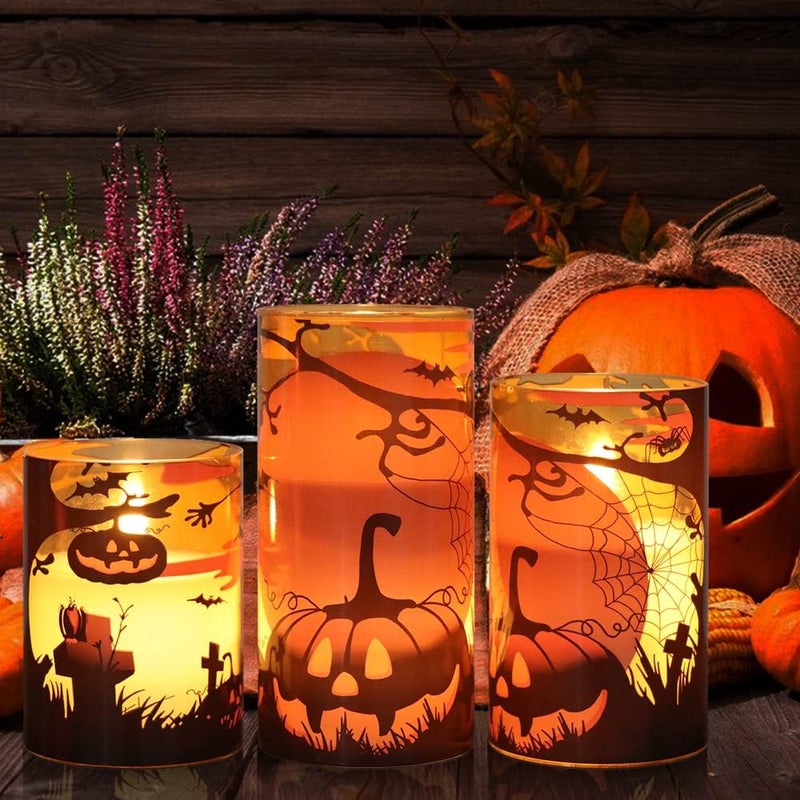 Eldnacele Halloween Flameless Candles with Remote Pumpkin, Spider Web Decal and Castle Decals Battery Operated Real Wax Flickering Glass Pillar Candle for Spooky Halloween Decor 3 Pack - Image 5